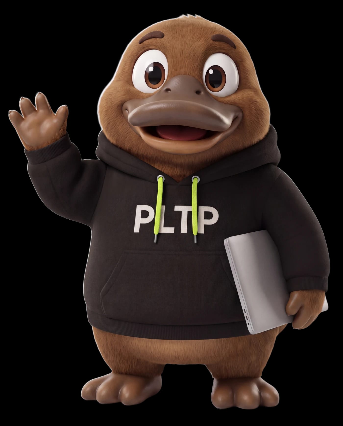 Маскот PLTP — утконос в худи с ноутбуком машет лапой